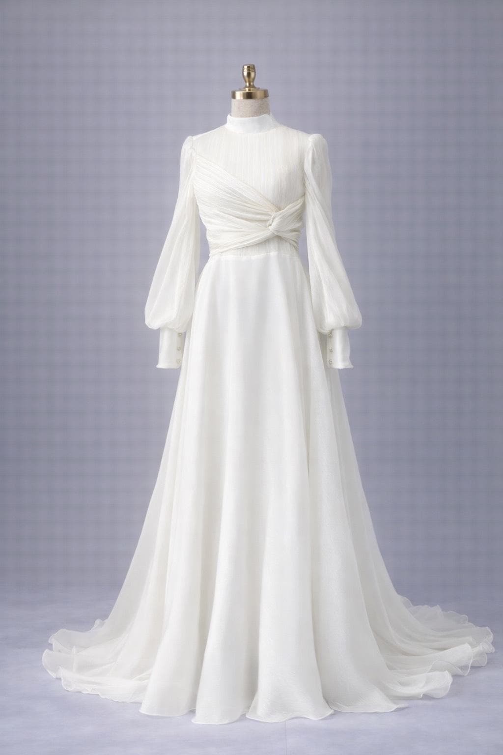 Modest Wedding Dress Long Sleeve High Neck Bridal Gown Twist Bodice Muslim Wedding Dress A Line Chiffon Bridal Dress Minimalist Bride