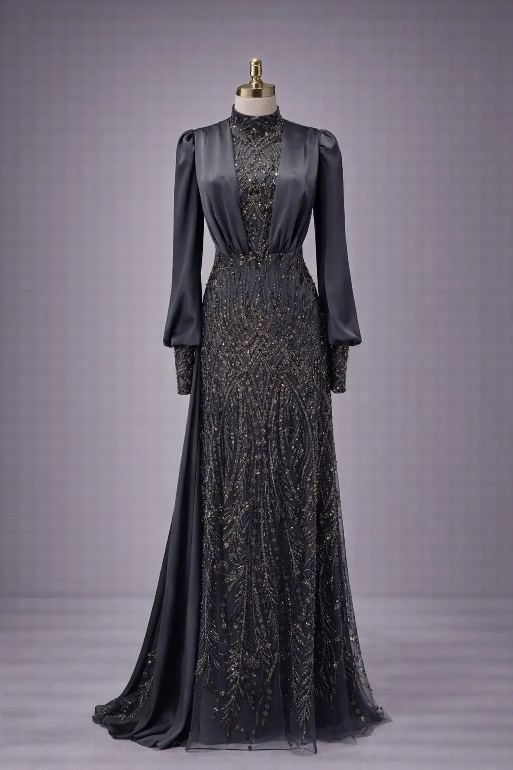 Charcoal Black Sequin Lace Maxi Dress: Elegant Islamic Formal Gown
