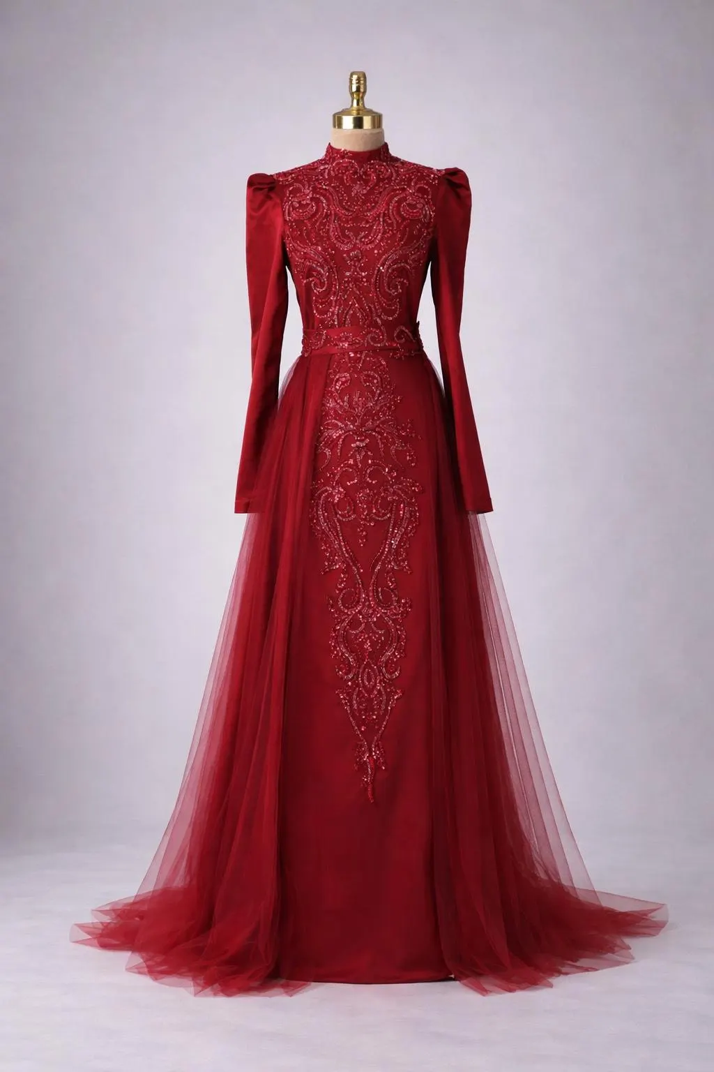 Burgundy Muslim Evening Dress Luxury Modest Gown Hijab Wedding Dress Long Sleeve Embellished Formal Dress Elegant Bridal Gown