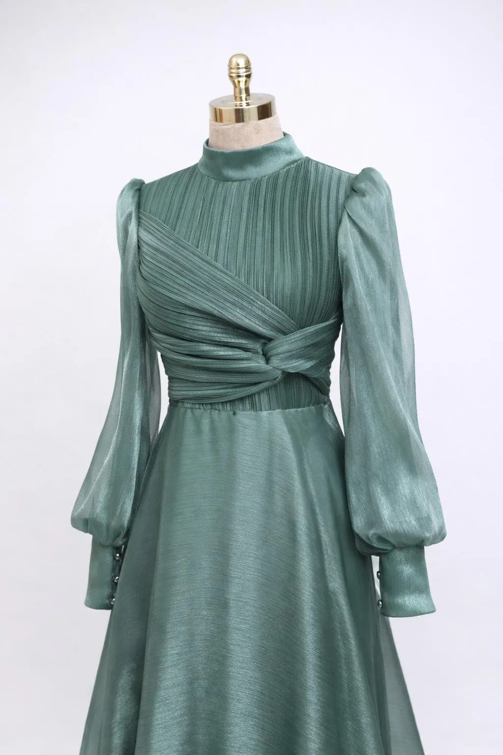 Sage Green Chiffon Maxi Dress: Elegant High Neck, Long Sleeve Evening Gown - image 3