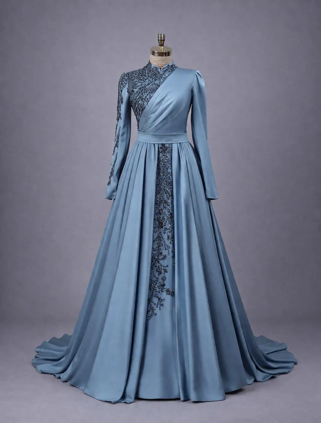Dusty Blue Muslim Evening Dress Modest Wedding Dress Hijab Formal Gown Long Sleeve Lace Maxi Dress Elegant Islamic Evening Dress
