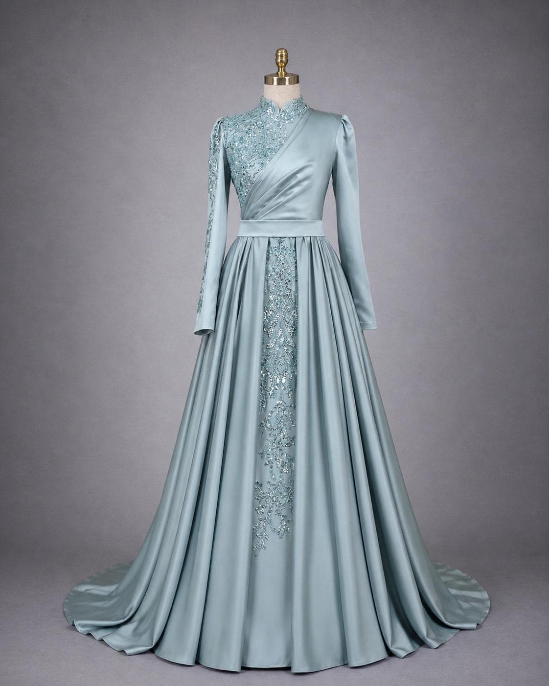 Dusty Blue Muslim Evening Dress Modest Wedding Dress Hijab Formal Gown Long Sleeve Lace Maxi Dress Elegant Islamic Evening Dress - image 3