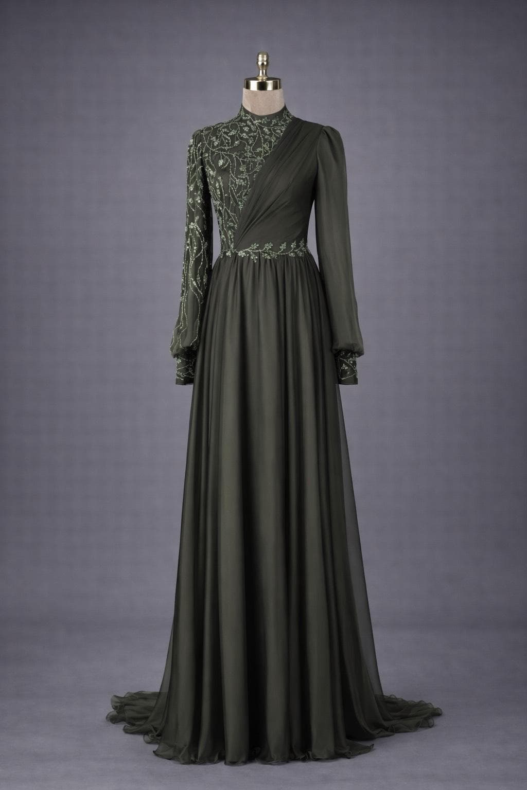 Olive Green Muslim Evening Dress Modest Wedding Dress Hijab Formal Gown Long Sleeve Elegant Islamic Bridal Reception Dress