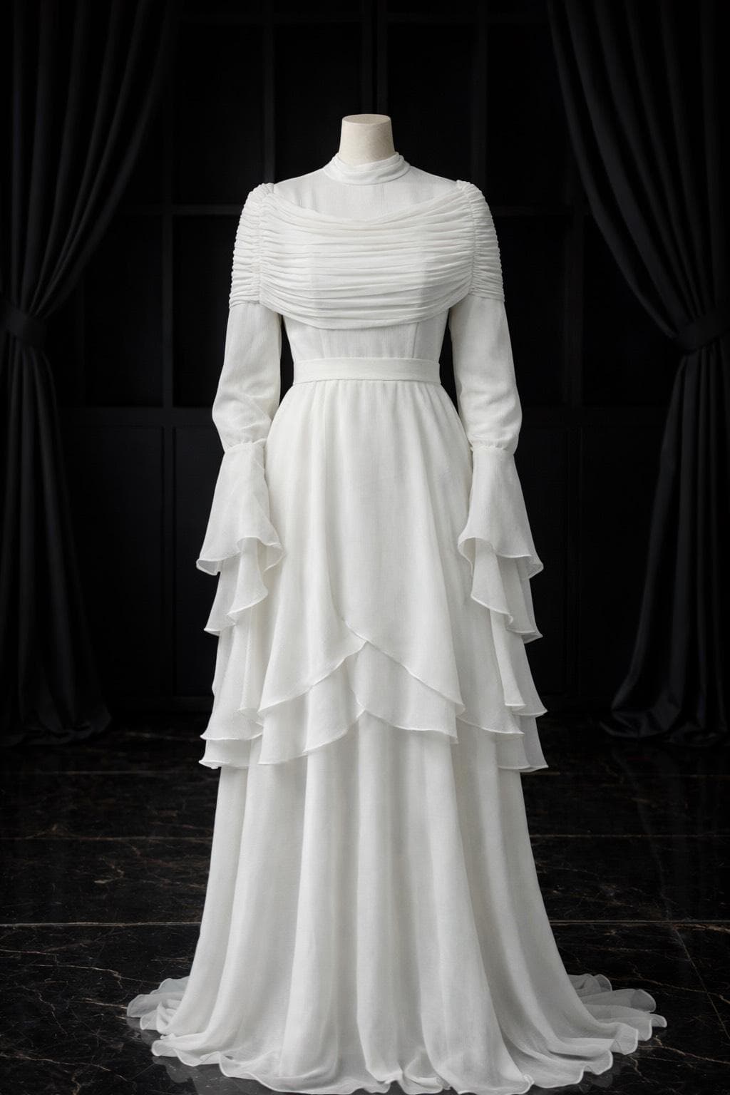 Muslim Wedding Dress Long Sleeve Chiffon Ruffle Bridal Gown Hijab Wedding Dress Modest A Line Bridal Dress Romantic Wedding