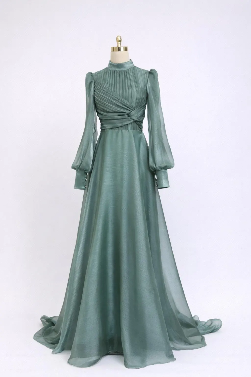 Sage Green Chiffon Maxi Dress: Elegant High Neck, Long Sleeve Evening Gown