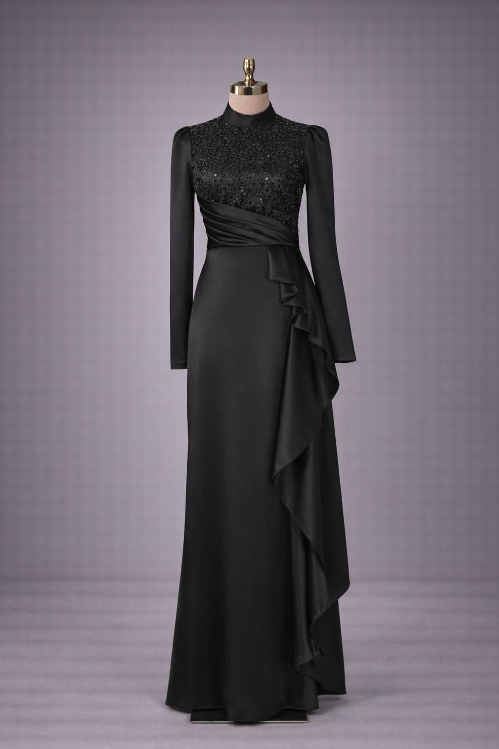 Grey Muslim Evening Dress Modest Wedding Dress Hijab Formal Gown Long Sleeve Sequin Ruffle Maxi Dress Elegant Islamic Dress - image 3