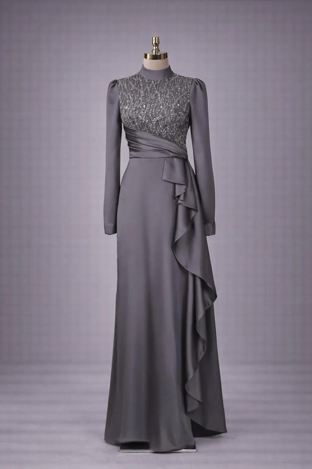 Grey Muslim Evening Dress Modest Wedding Dress Hijab Formal Gown Long Sleeve Sequin Ruffle Maxi Dress Elegant Islamic Dress