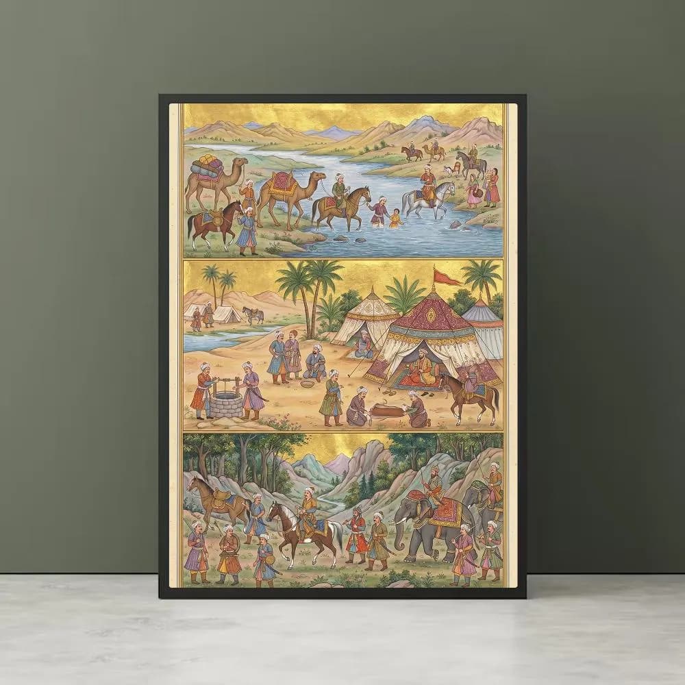 Mughal Triptych Art Print, Indo Persian Miniature Painting, Vintage Indian Wall Art, Islamic King Decor Digital Download