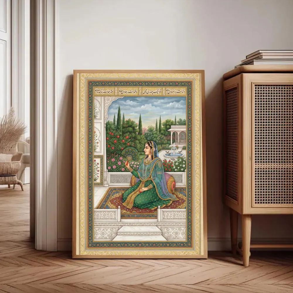 Mughal Lady Wall Art | Indian Queen Portrait | South Asian Decor | Peacock Fan Painting | Traditional Mughal Art Print | Digital Download