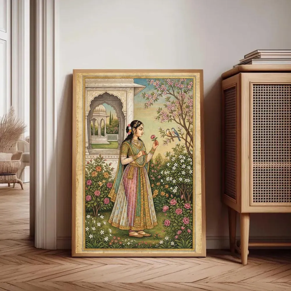 Mughal Princess Art | Indian Queen Painting | South Asian Wall Decor | Floral Palace Garden Print | Vintage Desi Decor | Digital Download