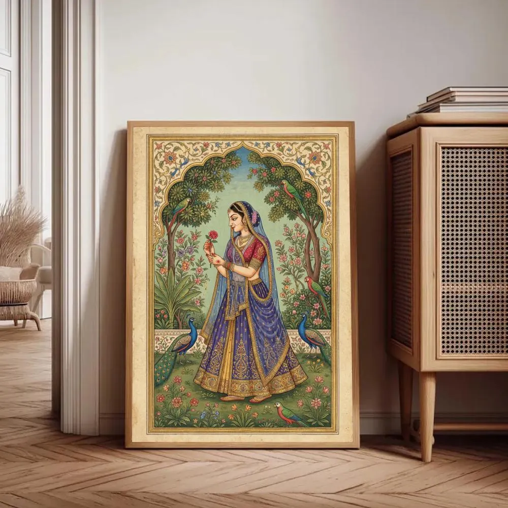 Mughal Princess Wall Art, Indian Queen Portrait, South Asian Heritage Decor, Peacock Garden Art, Vintage Miniature Print, Digital Download