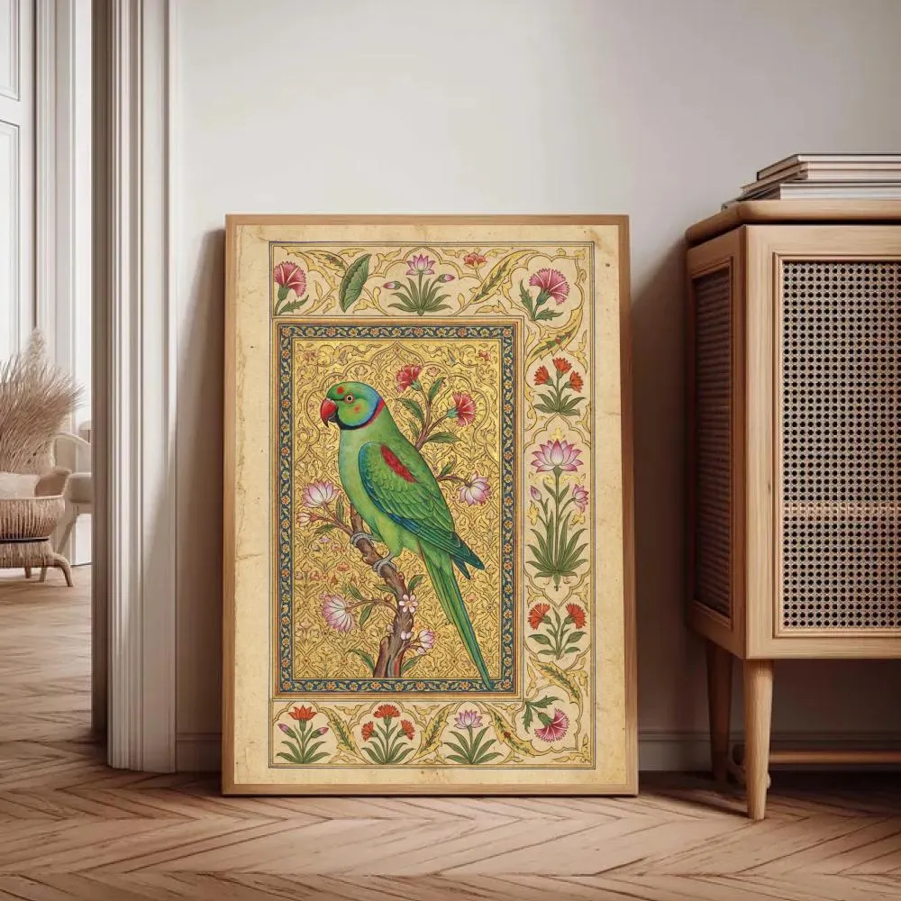 Mughal Style Parrot Wall Art | Indian Bird & Floral Print | Vintage South Asian Decor | Macaw Miniature Painting | Gold Digital Download