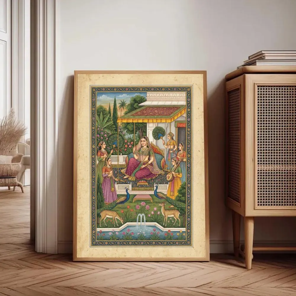 Mughal Queen Wall Art | Indian Court Painting | South Asian Decor | Royal Garden Print | Peacock & Deer Art | Vintage Digital Download