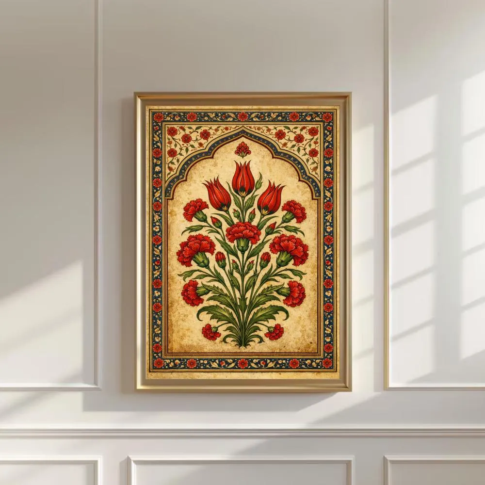 Ottoman Floral Art Print, Persian Botanical Wall Art, Islamic Flower Poster Digital Download, Vintage Turkish Decor, Red Gold Floral Art