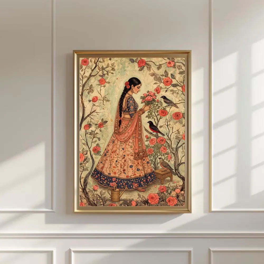 Vintage Indian Woman Floral Miniature Painting Mughal Style Garden Art Print Printable Wall Decor Digital Download