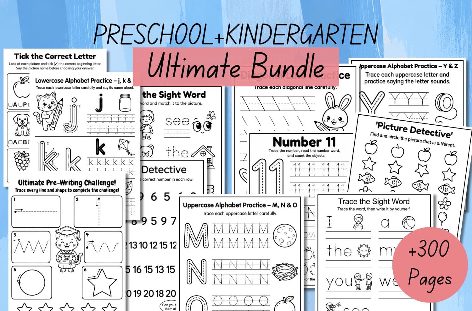 Preschool Pre-K + Kindergarten Learning Bundle, +300 Pages, Printable Activity Worksheets, Coloring, Numbers, Tracing, Alphabet, Sight Words