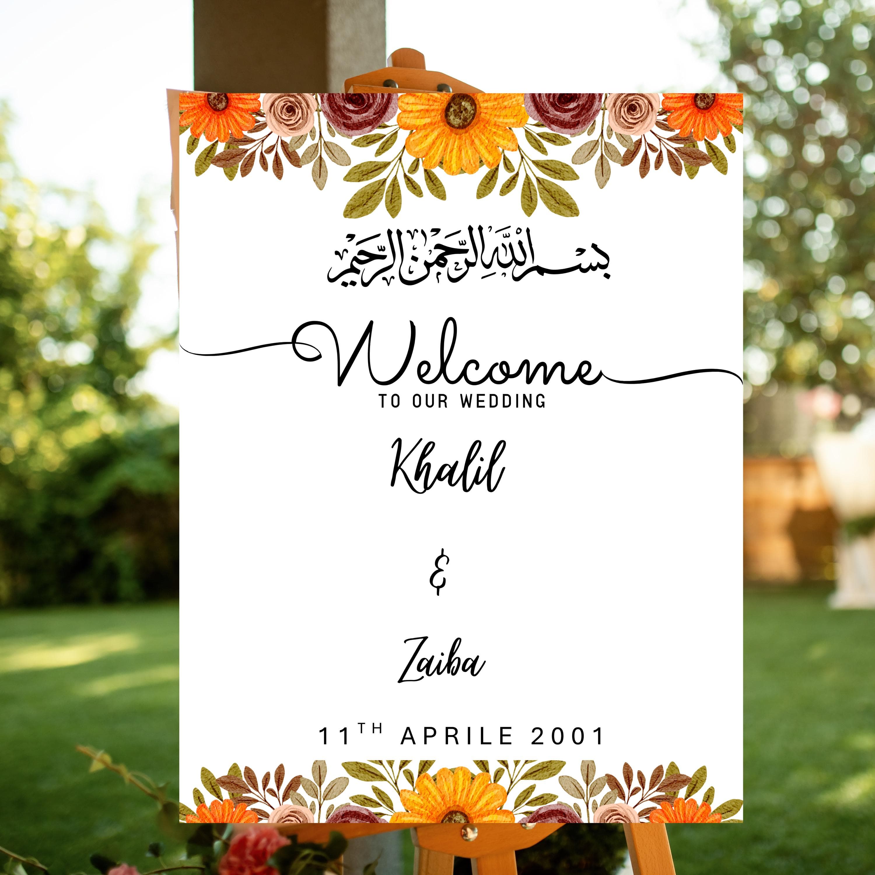 Floral Islamic Wedding Welcome Sign,Orange Nikkah Ceremony Sign, islamic marriage template,Elegant Botanical Islamic Decor,Digital printable - image 3