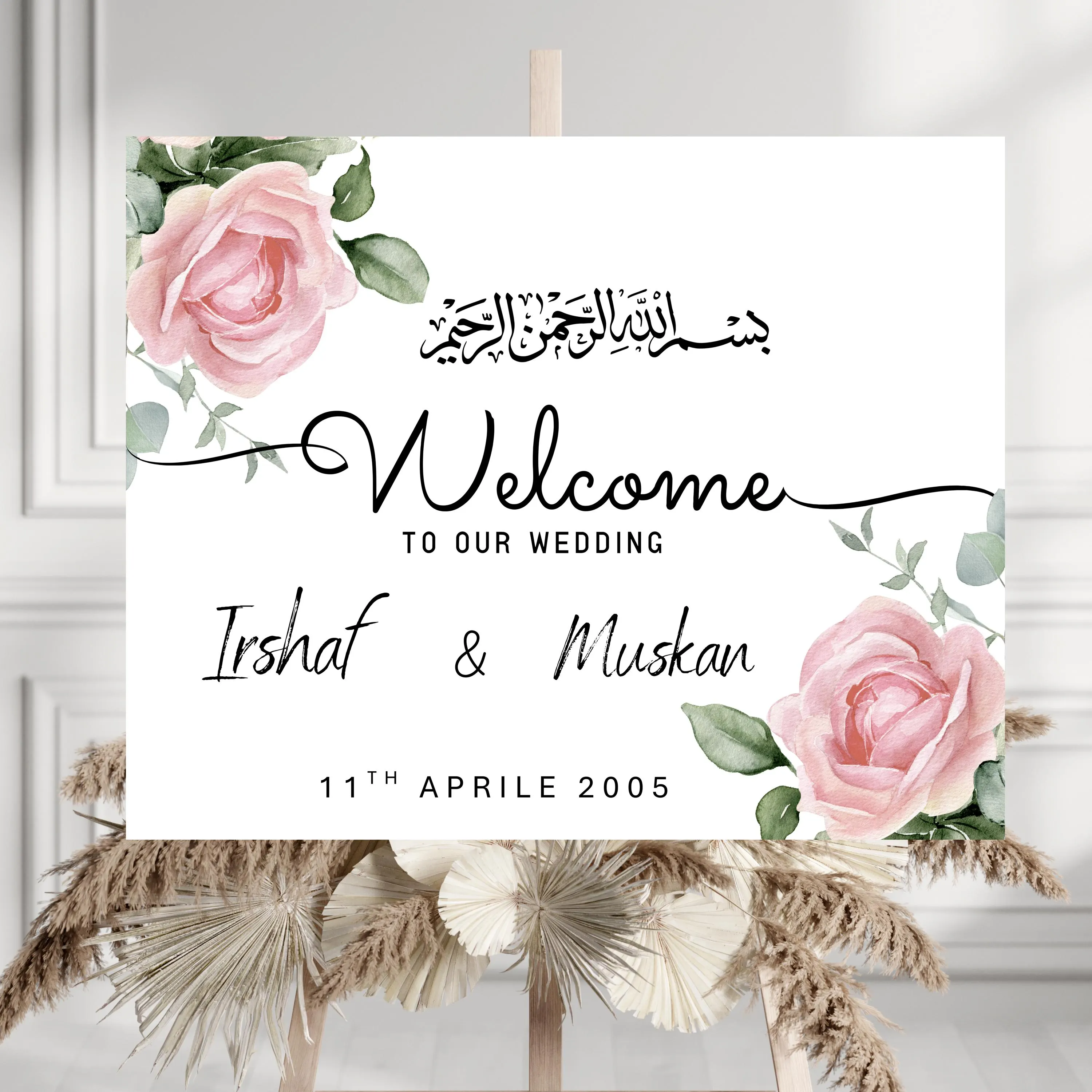 Red Floral Nikkah Welcome Sign Template, Editable Islamic Wedding Sign, Bismillah Arabic Calligraphy Muslim Wedding Decor, Instant Download