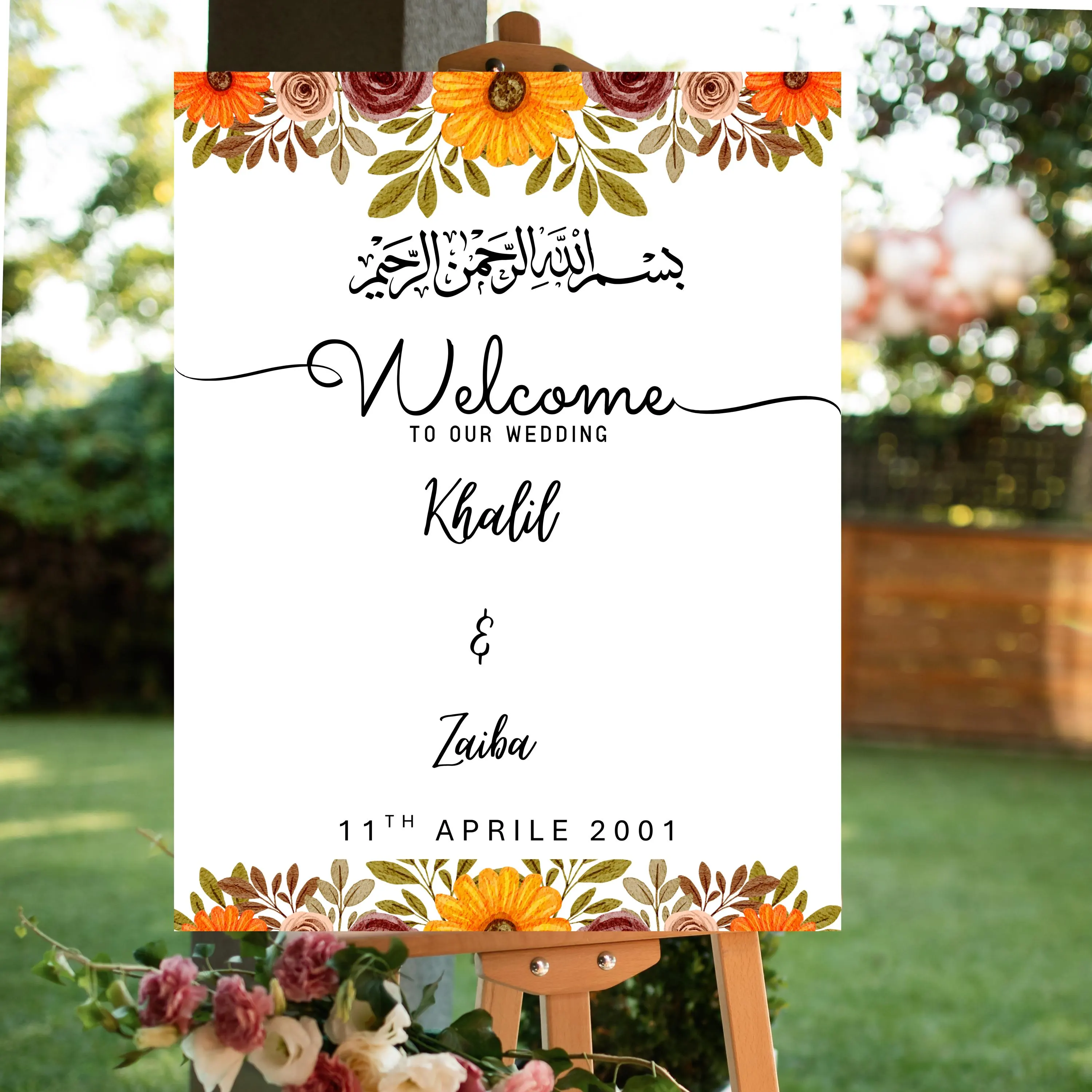 Floral Islamic Wedding Welcome Sign,Orange Nikkah Ceremony Sign, islamic marriage template,Elegant Botanical Islamic Decor,Digital printable