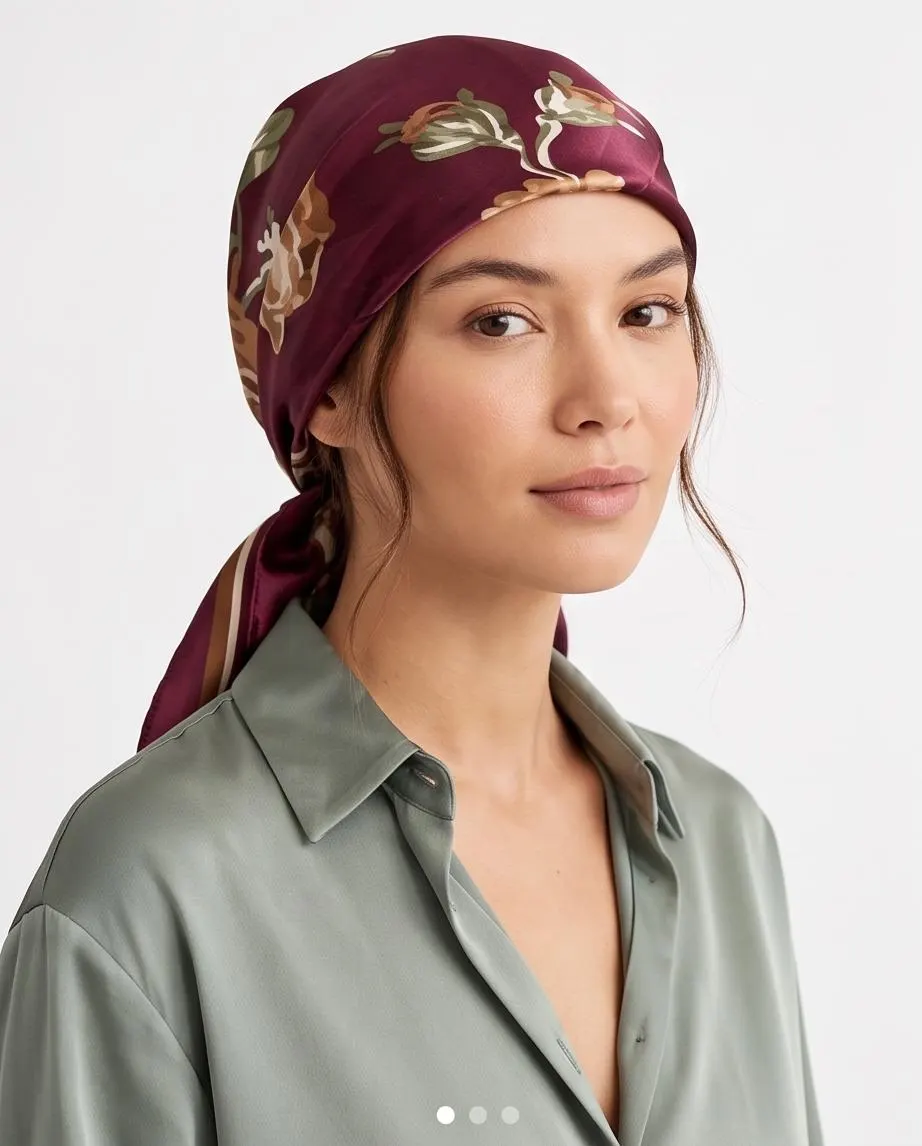 Burgundy Satin Head Scarf with Built-In Cotton Headband | Elegant Head Covering for Women | Comfortable for Hair Loss, Chemotherapy