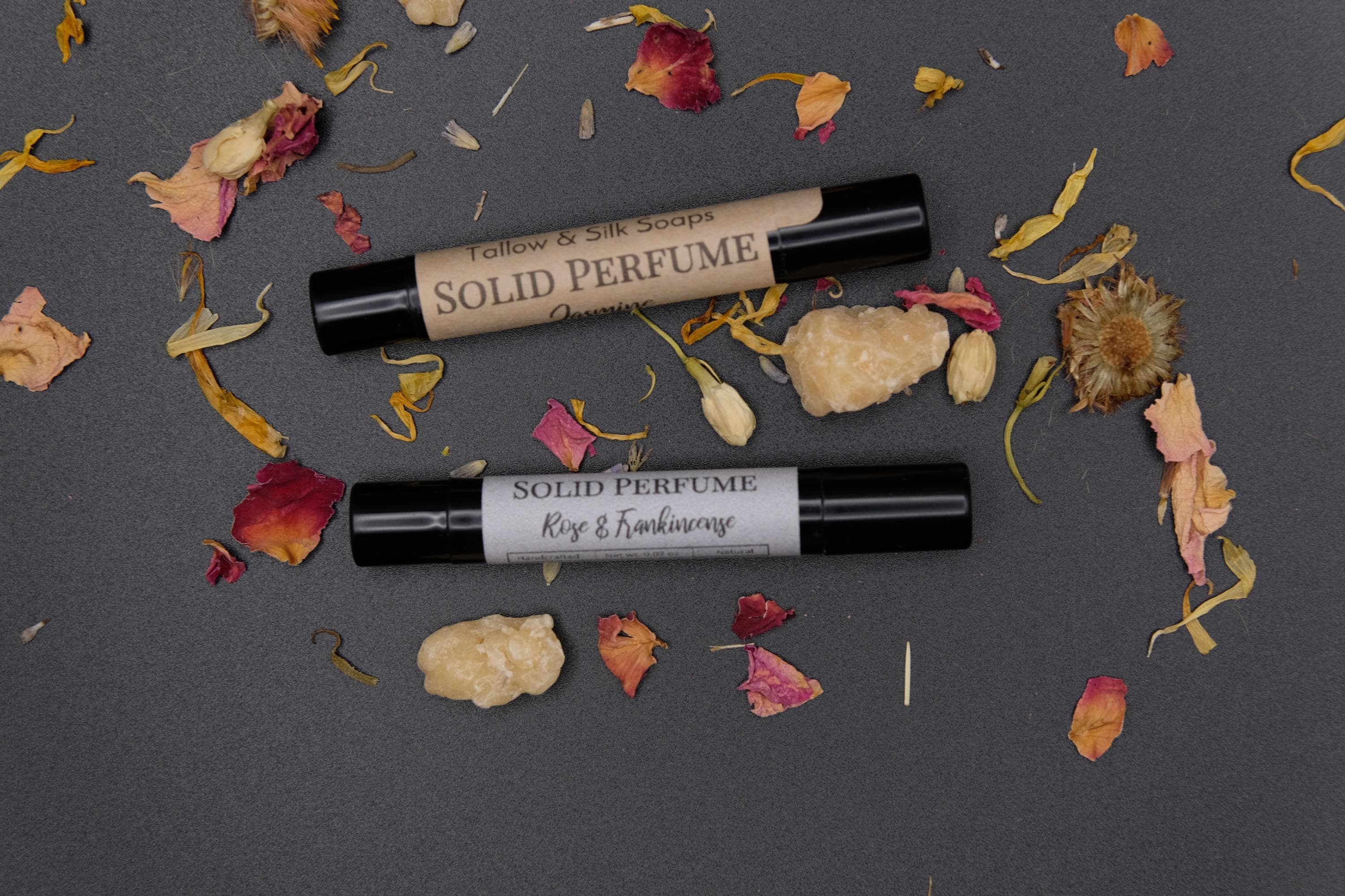 Floral Solid Perfume Stick | Rose & Frankincense, Jasmine, Agarwood | Natural, Halal, Vegan | Handcrafted | Travel friendly. 0.07 oz