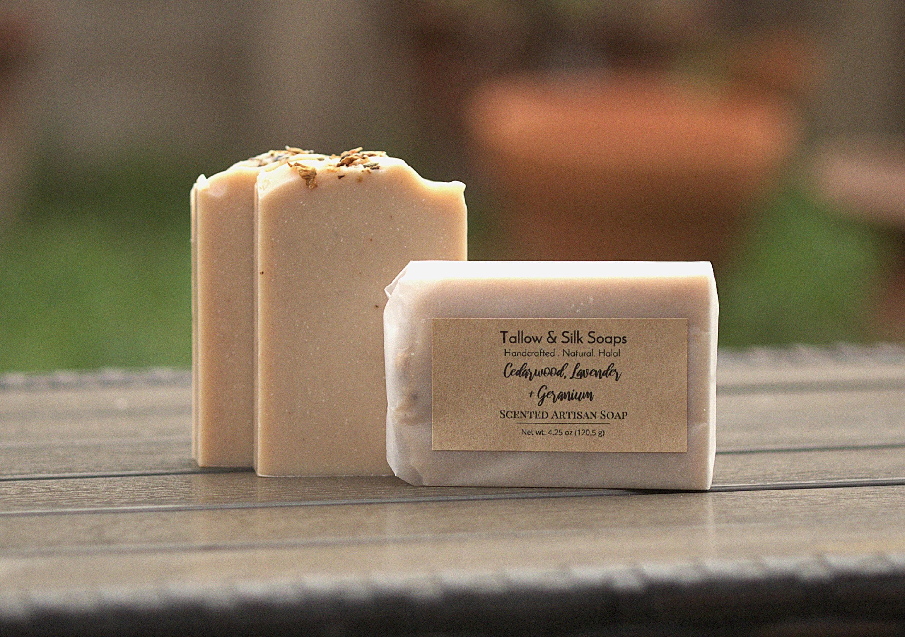 Luxe Artisan Tallow Soap Bar. Cedarwood with Lavender and Geranium. Handcrafted, Halal, Grass-fed, Natural. For Dry, Sensitive Skin. 4 oz