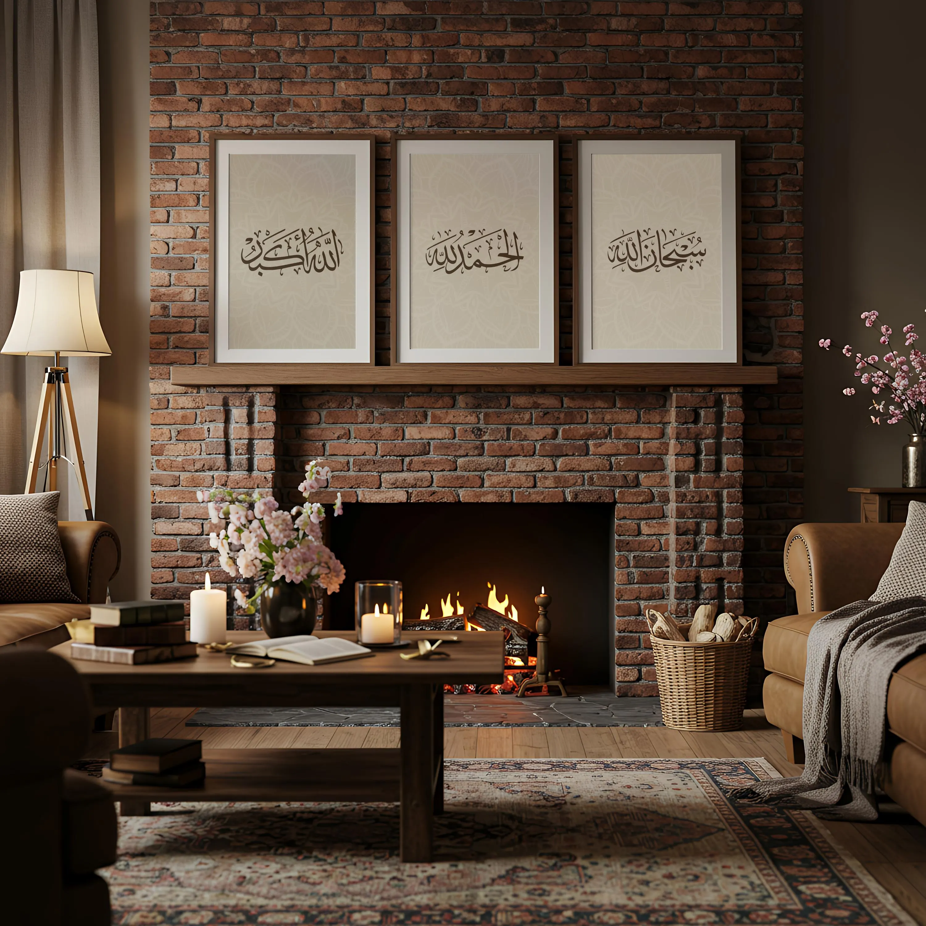 May include: Three framed art prints with Arabic calligraphy hang above a fireplace. The brick fireplace has a wooden mantel. A coffee table with books and candles sits in front of the fireplace. A lamp and leather sofa are on the left.