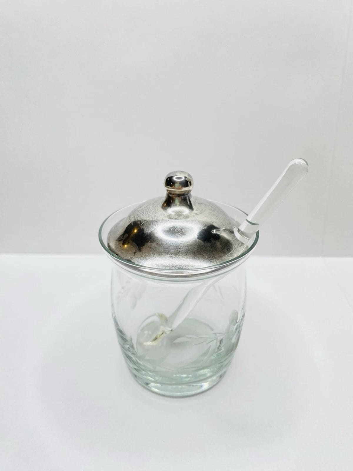 Vintage Cut Glass Condiment Jam Honey Jar w/ Sterling Silver Lid & Glass Spoon