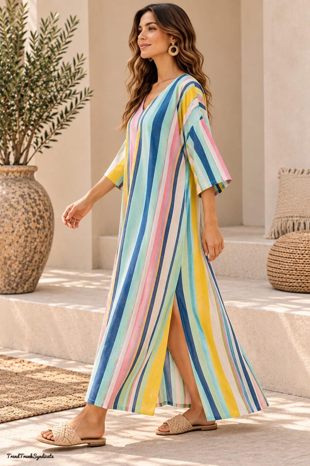 Colorful Stripe Caftan Maxi | Cotton Kaftan Dress | Relaxed 3/4 Sleeve Lounge Resort Kaftan - image 3