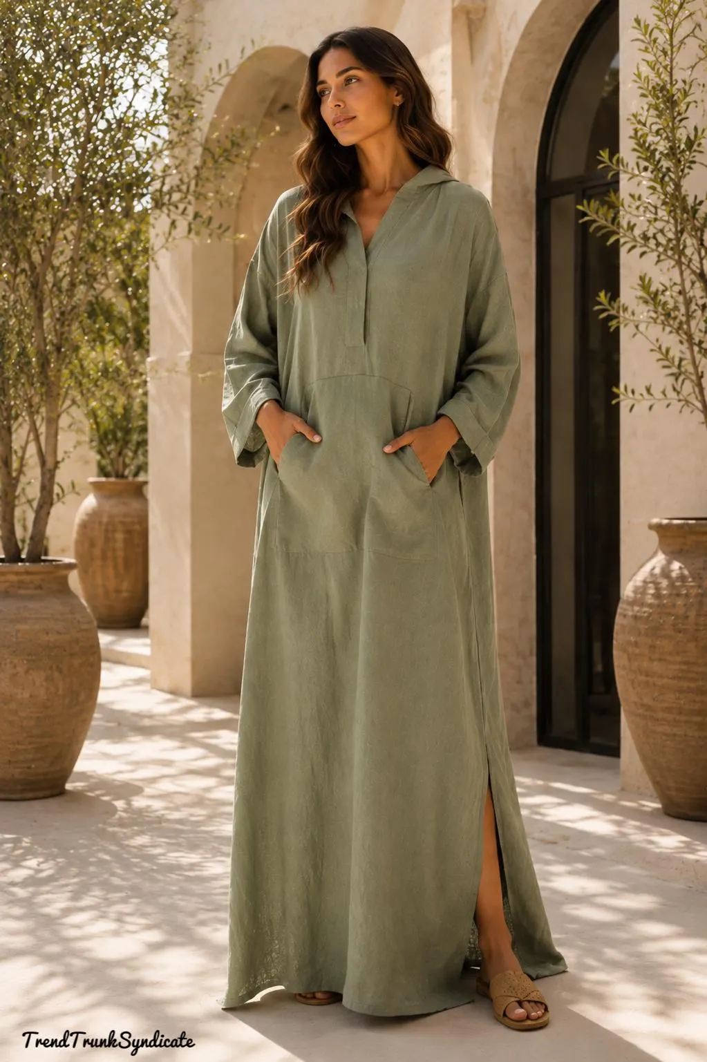 Women's Hooded Linen Kaftan Sage Green - Long Sleeve Maxi Caftan - Oversized Robe - Kangaroo Pocket