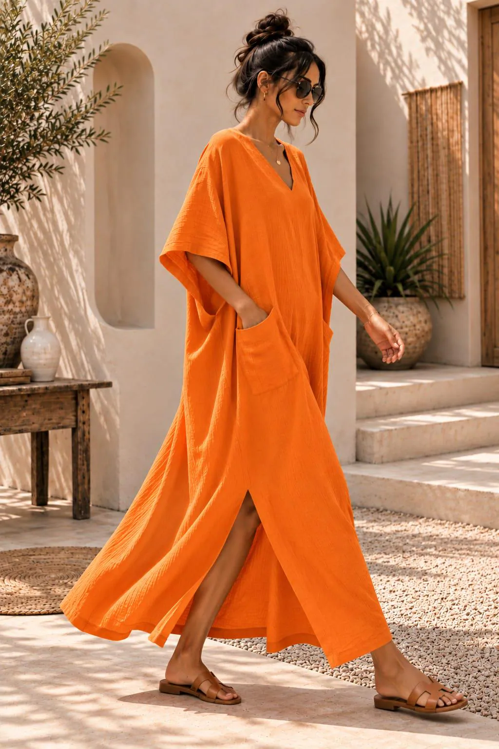 Flowy Orange Maxi Kaftan with Pockets - Double Gauze Cotton V Neck Dress - image 3