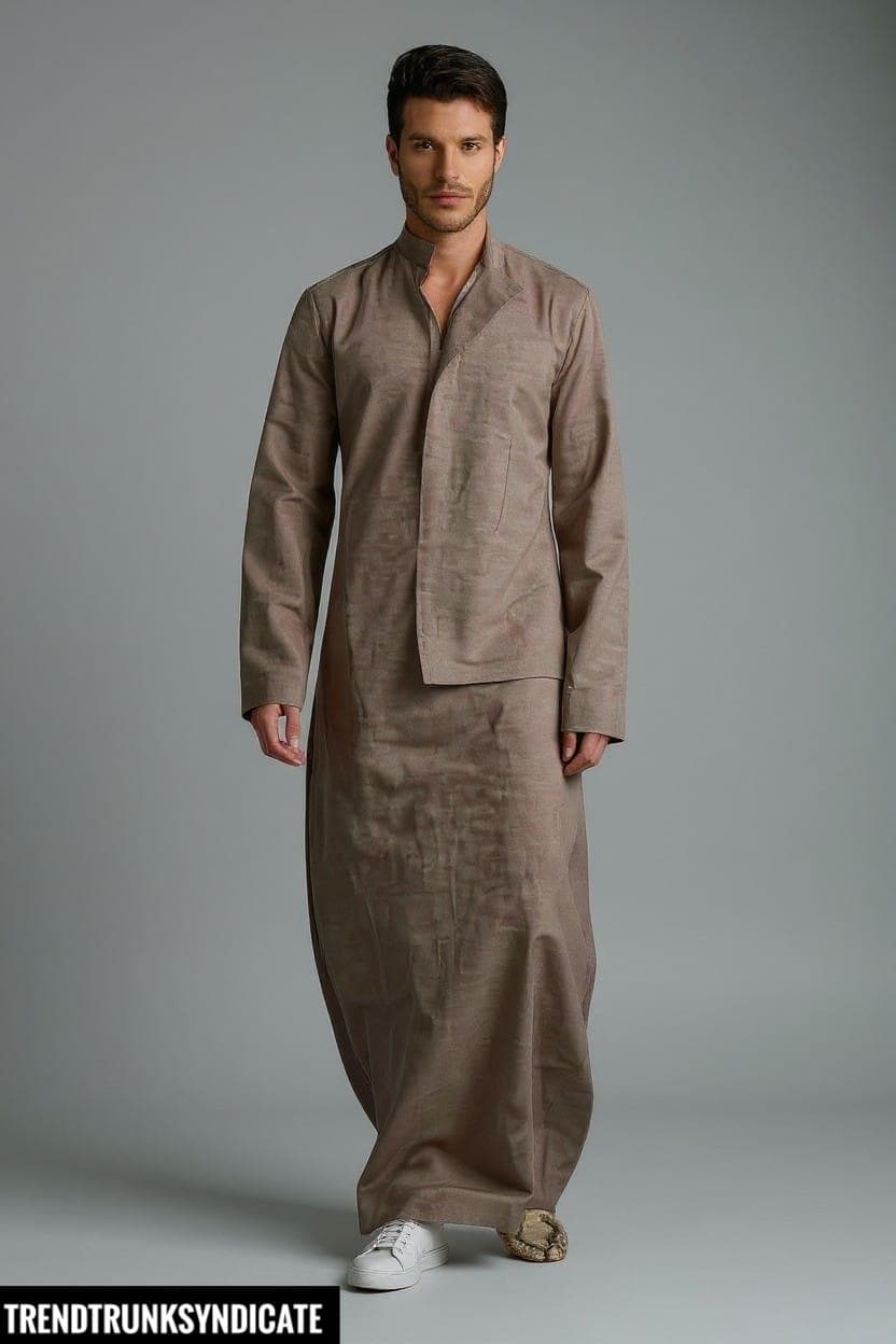 Men's Beige Linen Kaftan - Long Sleeve Robe Dress - Modern Kaftan for Man - image 2