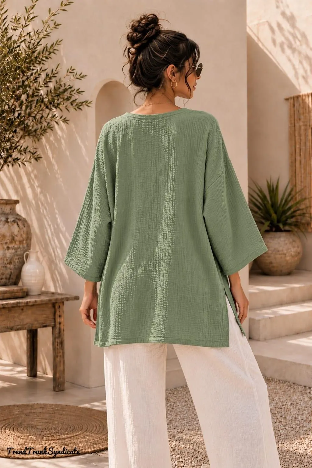 Sage Green Double Gauze Kaftan - Long Sleeve Hip Length Caftan - Comfortable Resort Top - image 5