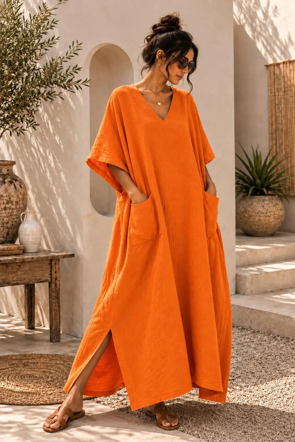 Flowy Orange Maxi Kaftan with Pockets - Double Gauze Cotton V Neck Dress
