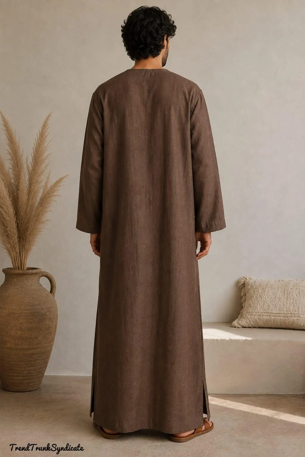 LINEN Brown Caftan For Man - Side Pockets With Zipper Neckline - Handmade Linen Kaftan Robe - image 4
