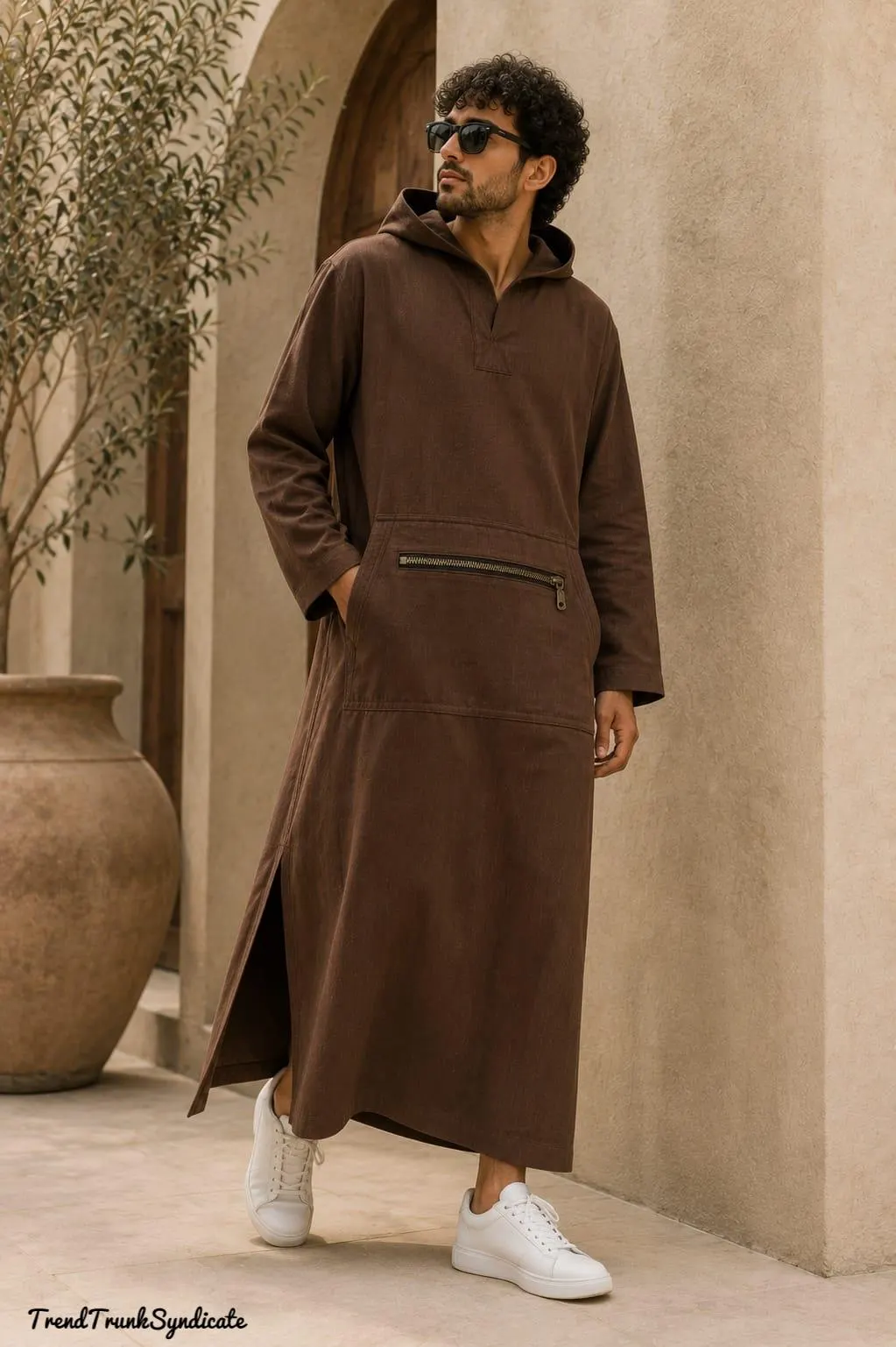 Mens Linen Hooded Kaftan Robe | Brown Handmade Linen Caftan with Zipper Kangaroo Pocket - image 3