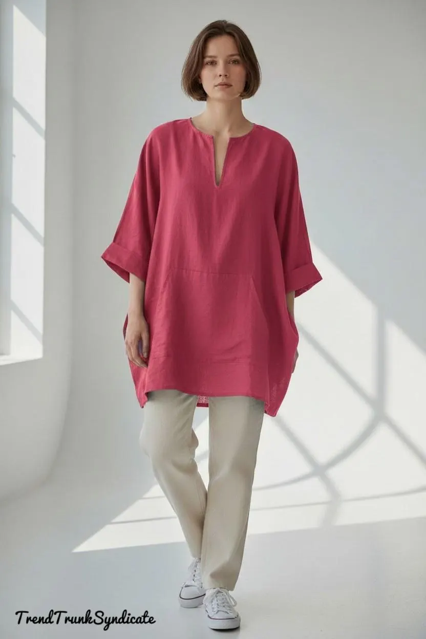 Women's LINEN Short Beachwear Kaftan - Handmade & Comfortable Linen Caftan Maxi Dress - Rani Pink