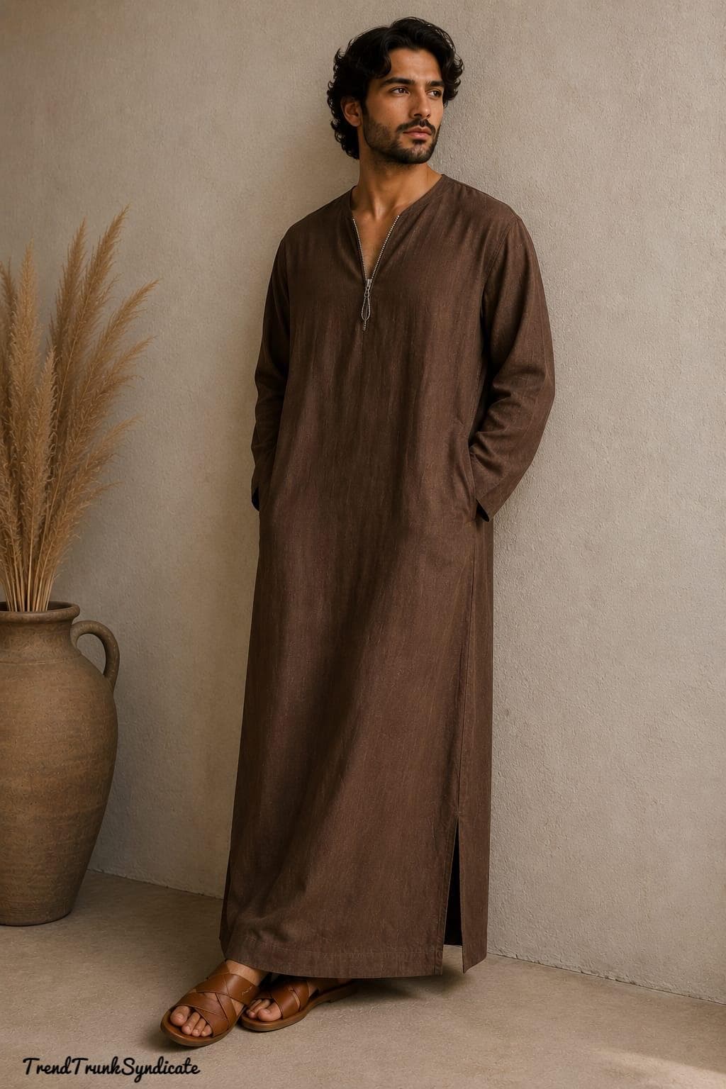 LINEN Brown Caftan For Man - Side Pockets With Zipper Neckline - Handmade Linen Kaftan Robe - image 3