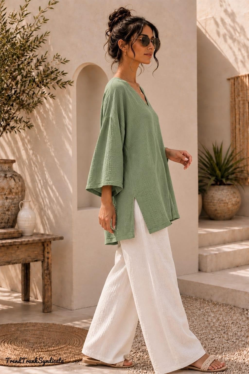 Sage Green Double Gauze Kaftan - Long Sleeve Hip Length Caftan - Comfortable Resort Top - image 4
