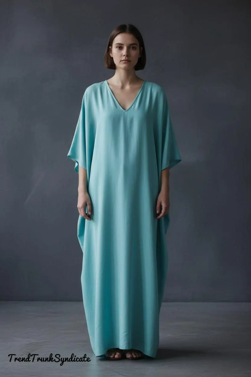 Summer Breathable Kaftan, Plus Size Boho Dress, Seafoam Green Deep V-neck Caftan Robe