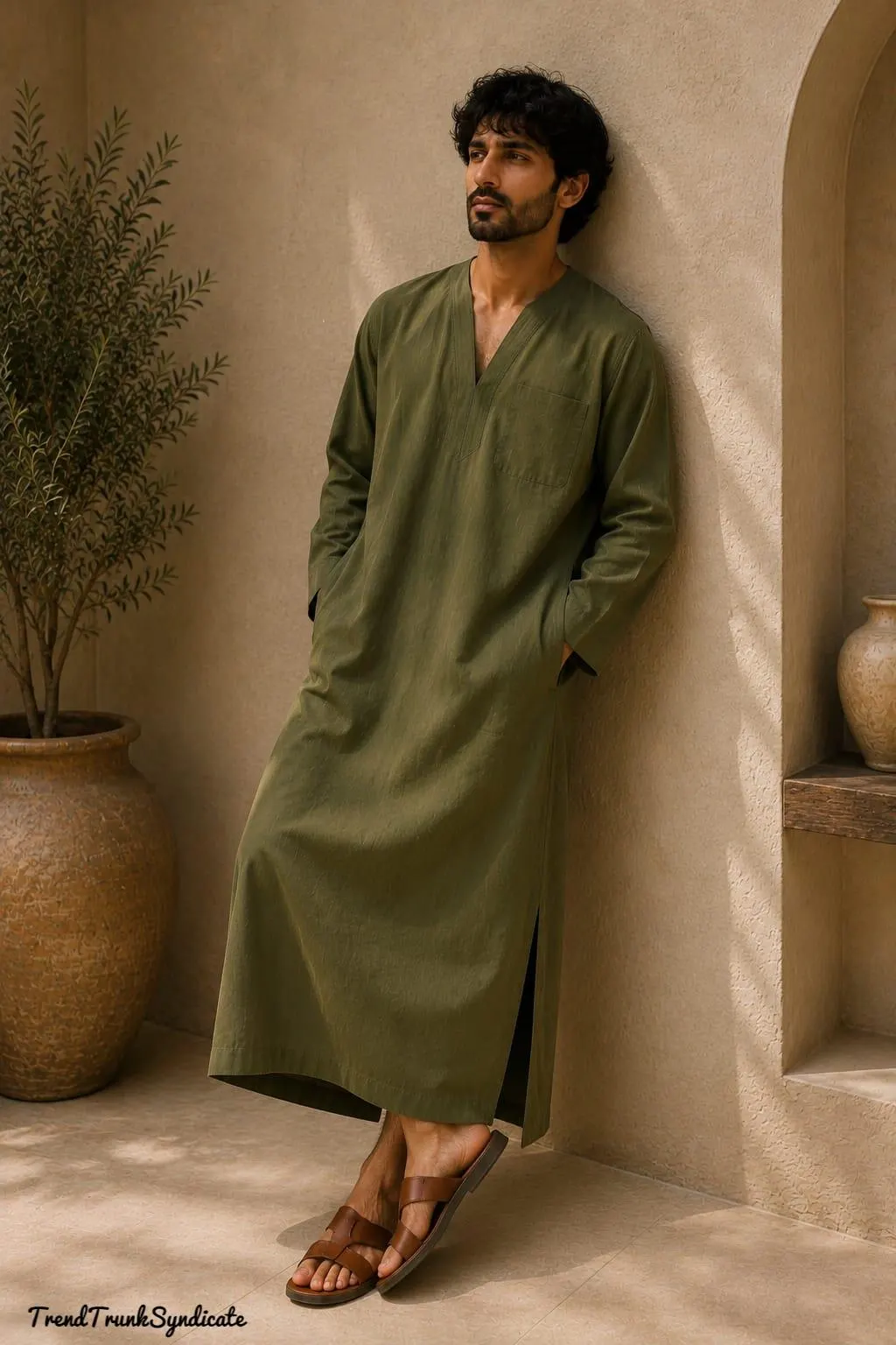 Men's Olive Green Linen Caftan - Front Chest Pocket Kaftan - All Sizes & Colours Available - Comfort - image 4