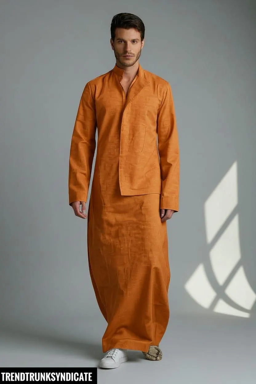 Men's Beige Linen Kaftan - Long Sleeve Robe Dress - Modern Kaftan for Man - image 4