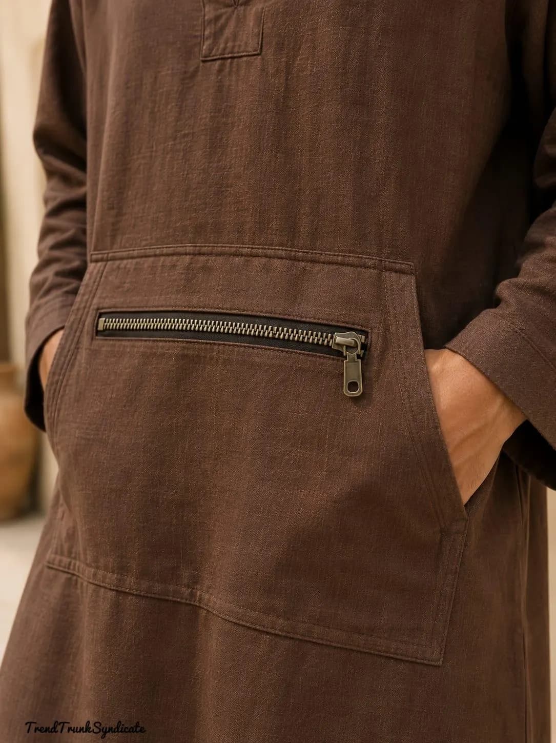 Mens Linen Hooded Kaftan Robe | Brown Handmade Linen Caftan with Zipper Kangaroo Pocket - image 4