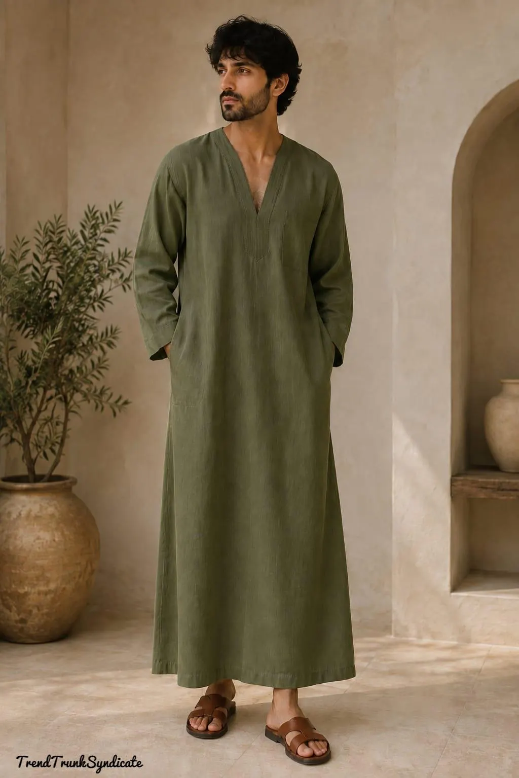 Men's Olive Green Linen Caftan - Front Chest Pocket Kaftan - All Sizes & Colours Available - Comfort