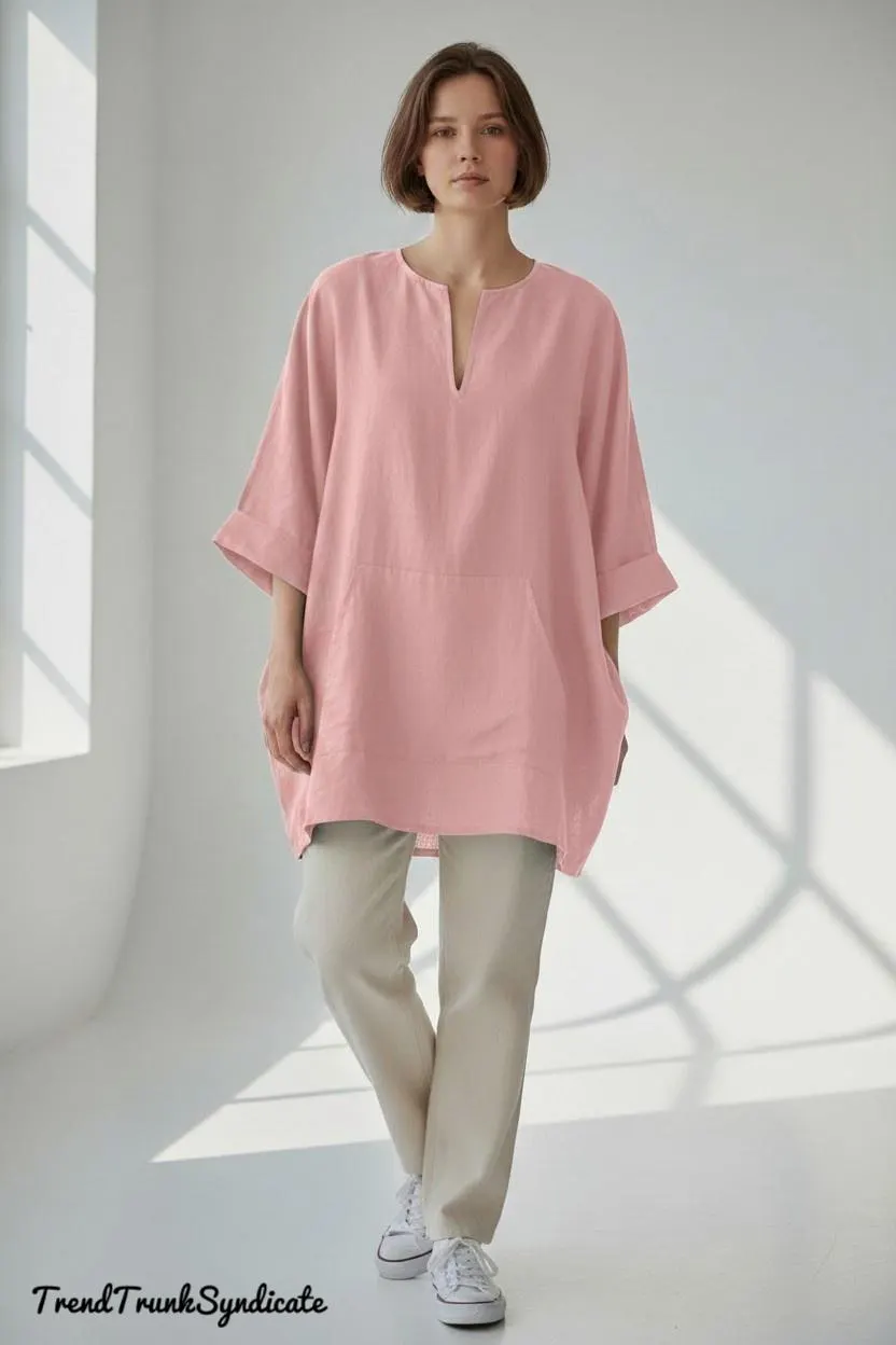 Women's LINEN Short Beachwear Kaftan - Handmade & Comfortable Linen Caftan Maxi Dress - Rani Pink - image 3