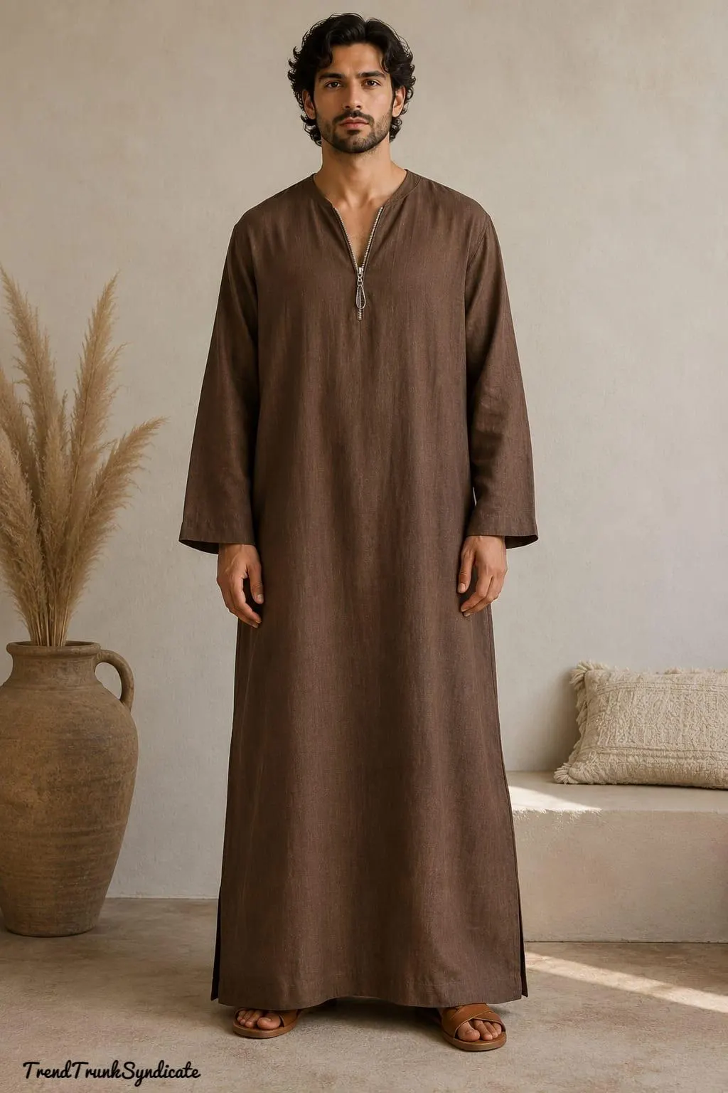 LINEN Brown Caftan For Man - Side Pockets With Zipper Neckline - Handmade Linen Kaftan Robe