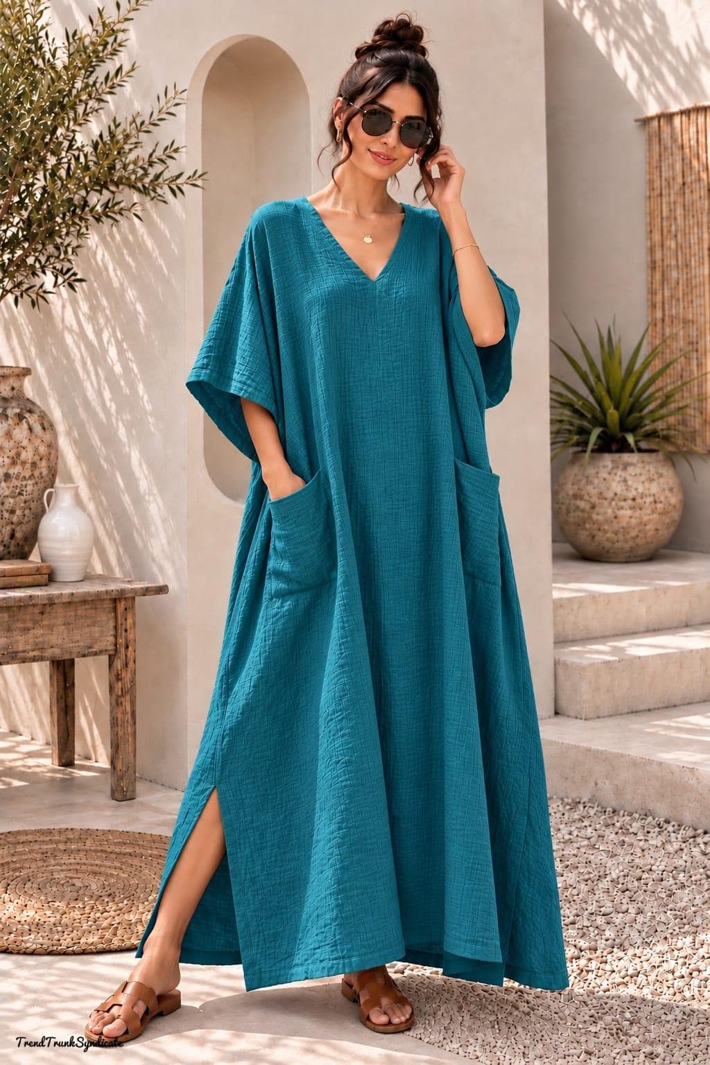 Teal Blue Double Gauze Cotton Kaftan Dress/V Neck Maxi with Pockets/Relaxed Resort Fashion