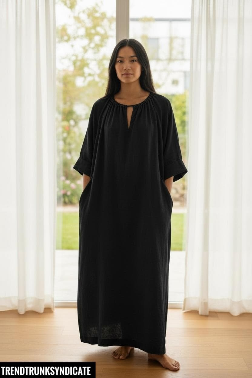 Long Sleeve Linen Dress Women – Floor Length Linen Maxi Gown, Handmade Black Caftan - image 3