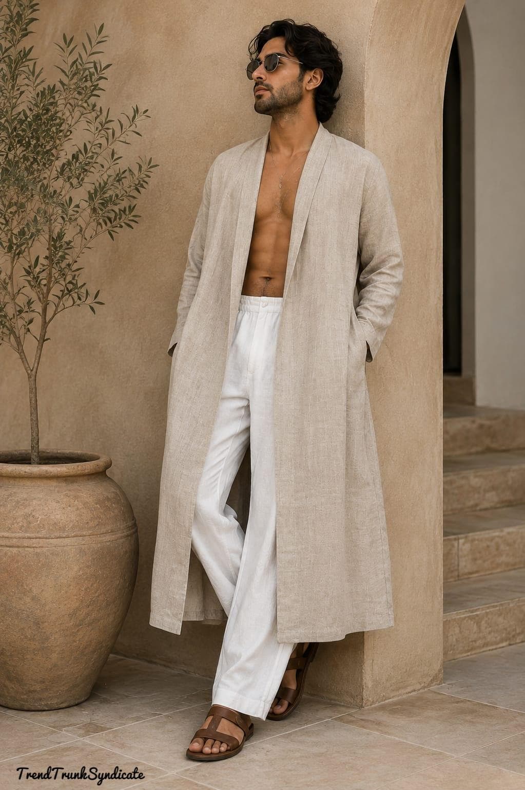 Men's 100% Linen Kaftan Robe - Open Front Long Sleeve - Resort Wear - Linen Pants Included - image 3