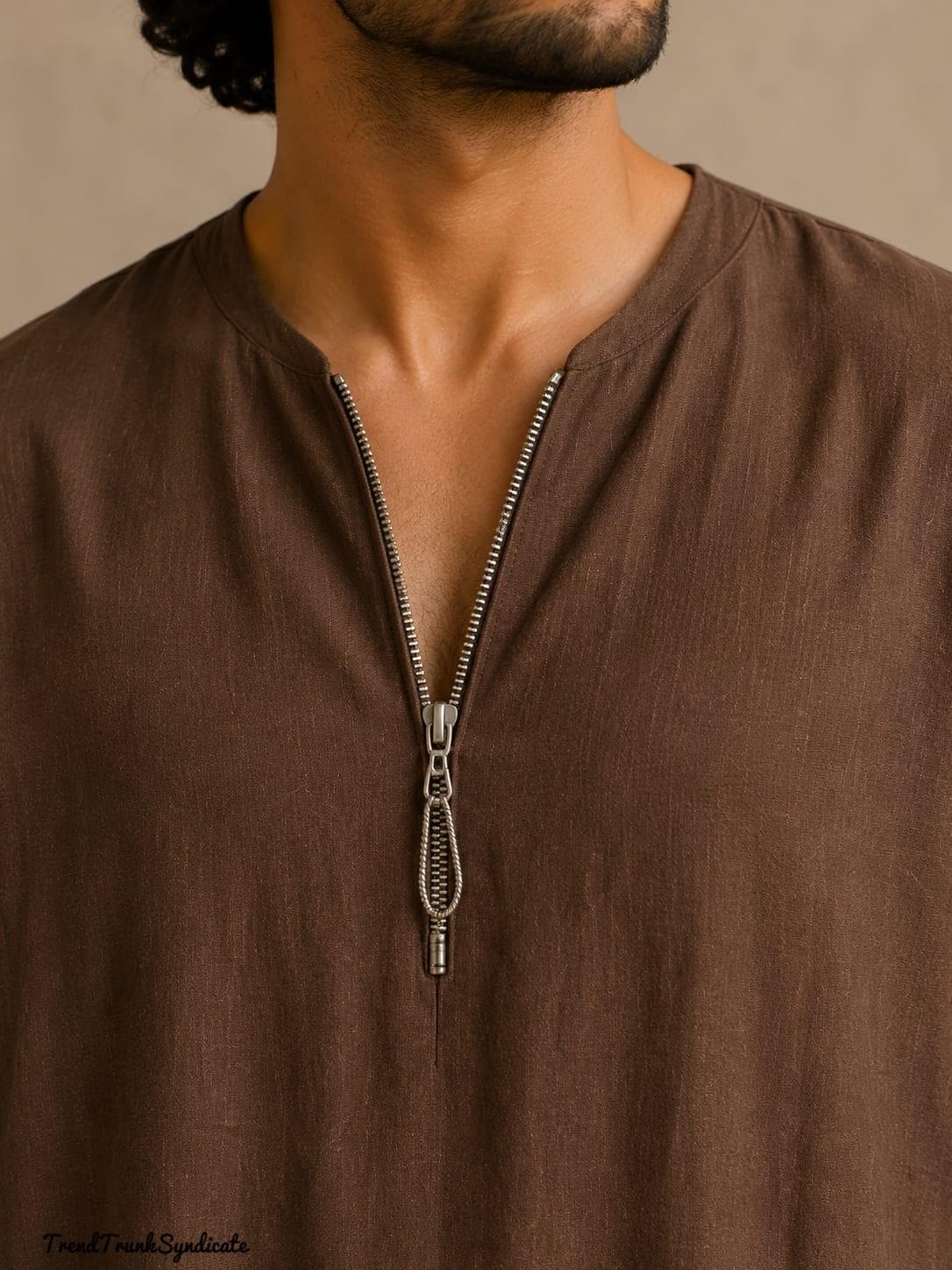 LINEN Brown Caftan For Man - Side Pockets With Zipper Neckline - Handmade Linen Kaftan Robe - image 5